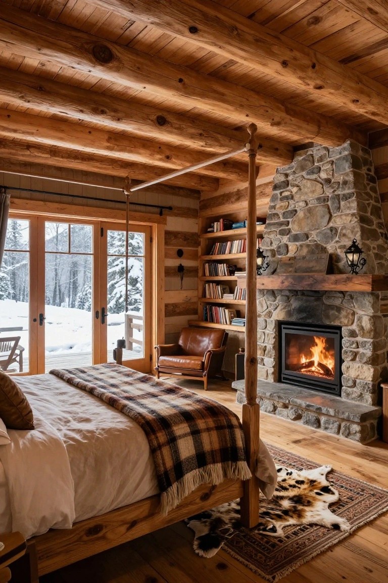 Log cabin master bedroom with wooden walls and beamed ceiling, large stone fireplace with burning fire, wooden four-poster bed draped in plaid blanket, leather armchair, bookshelves, and French doors to snowy forest landscape.