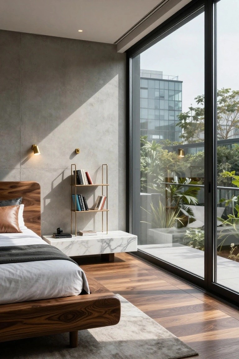 Modern master bedroom with low wooden platform bed, white bedding, marble nightstand, gold metal bookshelf against textured gray wall, and large black-framed floor-to-ceiling glass doors opening to balcony with potted plants and distant city buildings.