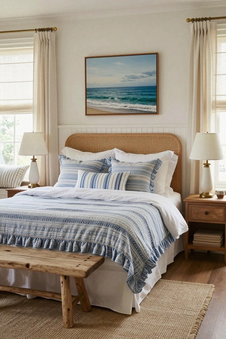 A bedroom with a rattan headboard bed dressed in white and blue striped bedding and pillows, two white lamps on nightstands, a painting of ocean waves above the bed, sheer curtains on windows, and a wooden bench at the foot of the bed on a seagrass rug.