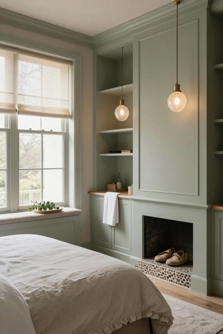 Master bedroom with sage green built-in cabinetry and shelving around a fireplace and window seat, white bed with linen bedding, brass pendant lights, and potted eucalyptus on the seat.