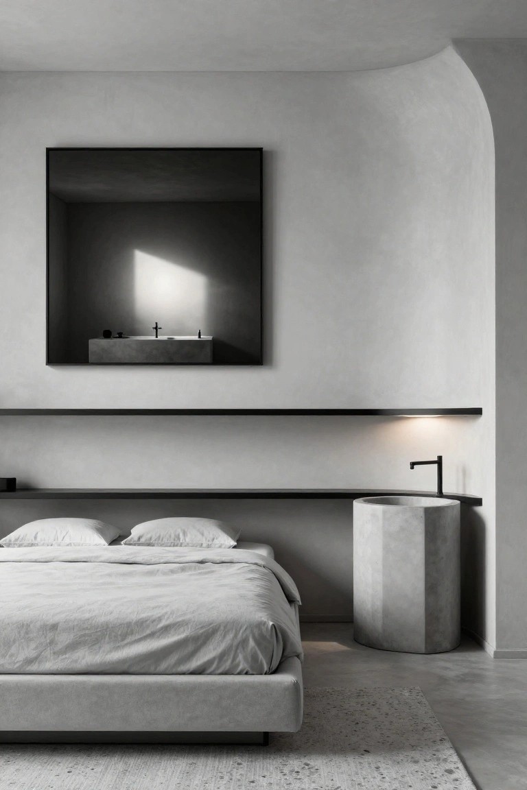 Minimalist bedroom interior with low gray platform bed, white pillows, floating black shelves, large framed black artwork depicting a sink, hexagonal concrete pedestal sink with black faucet, curved white walls, and polished concrete floor.