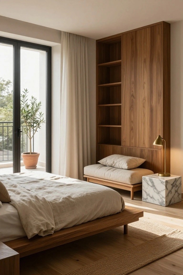 Modern bedroom with low wooden platform bed covered in white linens, tall walnut wood built-in shelving and wardrobe unit with integrated bench, marble side table and brass lamp, sheer curtains on black-framed balcony doors, and potted olive tree outside.