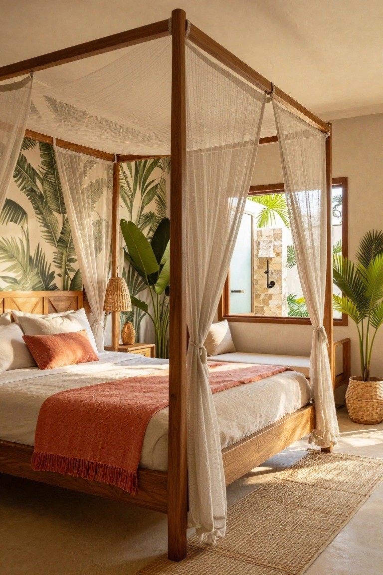A sunlit master bedroom with wooden canopy bed draped in sheer white curtains, orange throw on white sheets, palm leaf wallpaper on walls, potted plants, rattan lamp, and window to outdoor palms and stone wall.