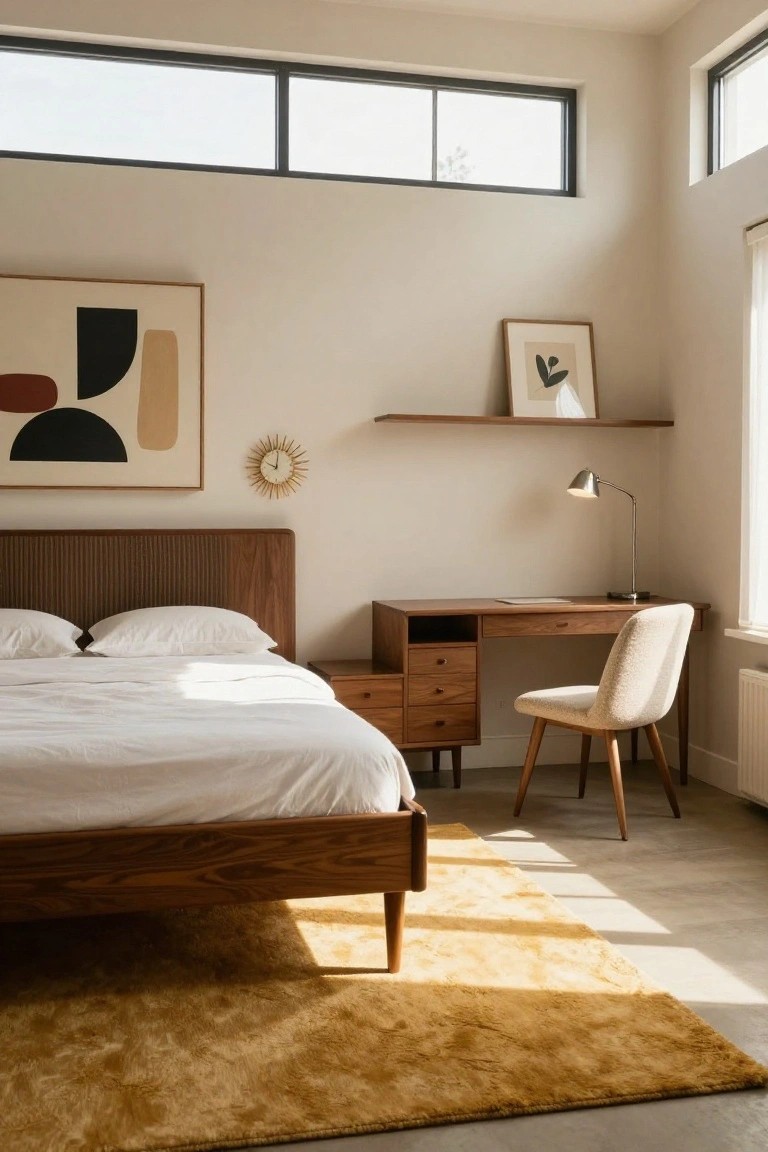 Modern bedroom interior with a low wooden bed featuring white bedding, adjacent wooden desk and cream upholstered chair, abstract artworks on beige walls, wooden shelves, and a yellow shag rug on light floors with clerestory windows letting in sunlight.