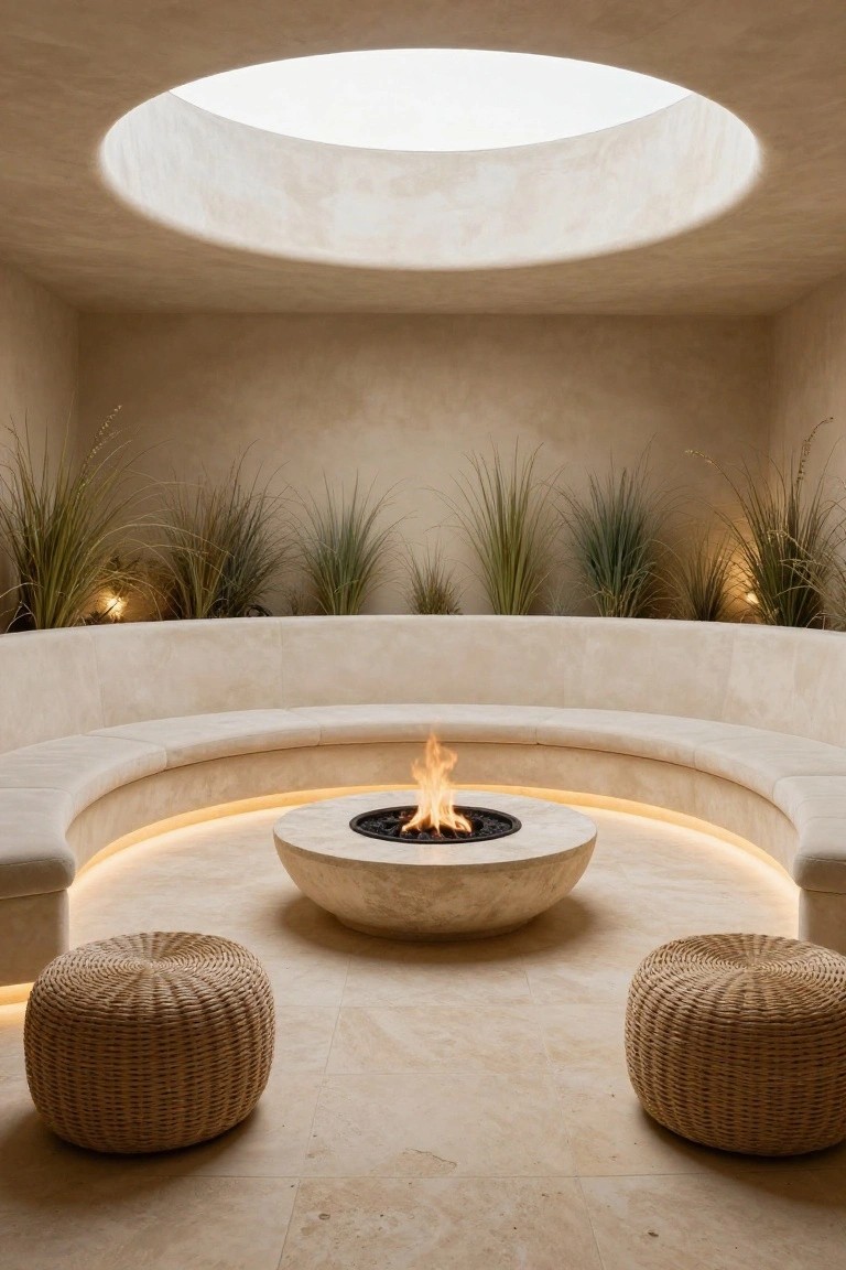 Beige curved bench surrounding a lit circular stone fire pit on a tiled floor in a neutral-walled outdoor space with potted grasses, woven poufs, and wall lights.