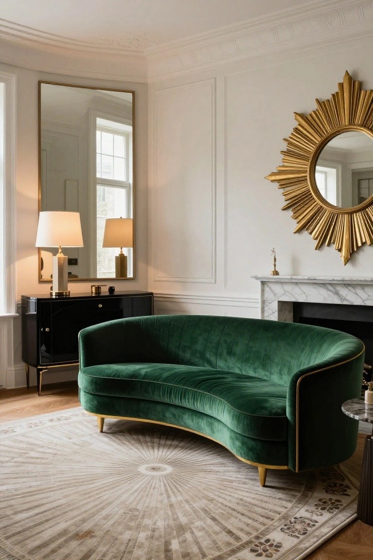 Curved emerald green velvet sofa with gold legs and trim in front of a white marble fireplace, beside a black credenza with lamps, in a white-walled room with gold mirrors and a light rug.