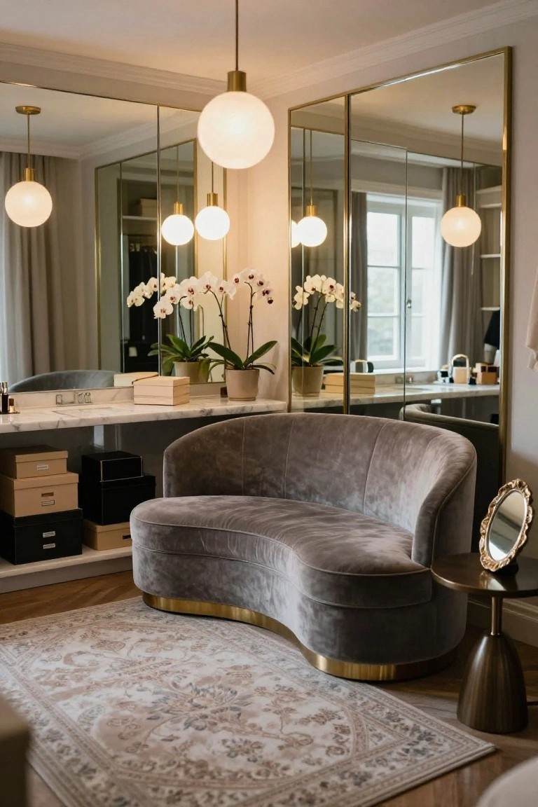 A curved gray velvet sofa in front of a white marble vanity with gold-framed mirrors, potted white orchids, and globe pendant lights in a luxurious indoor dressing room.