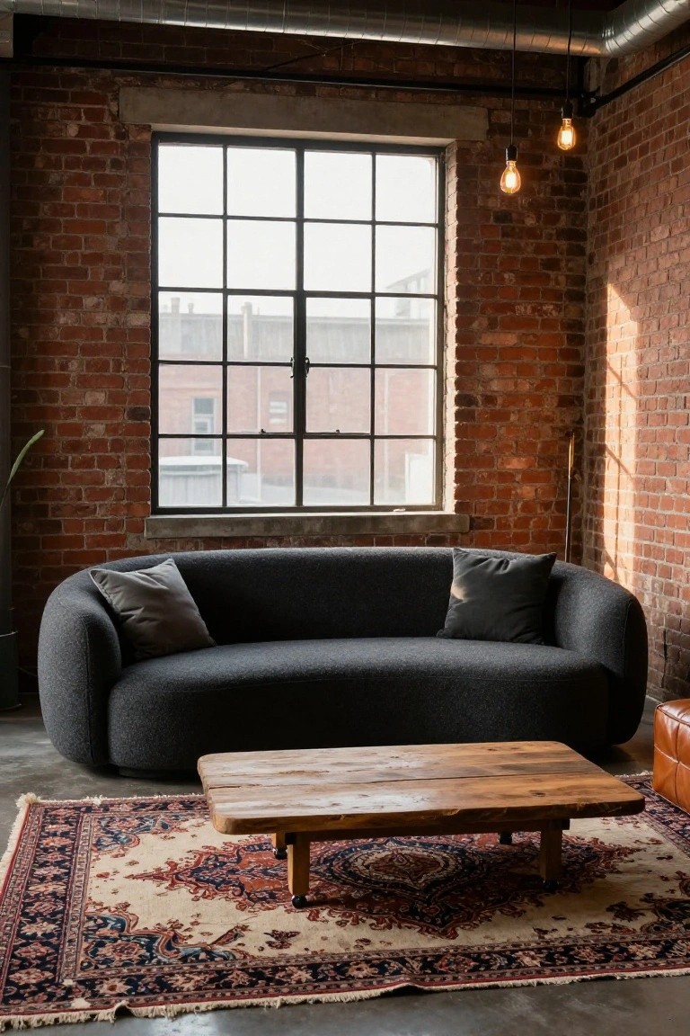 Industrial loft room with exposed brick walls, large metal-framed windows, curved dark gray sofa with pillows, wooden coffee table, patterned rug, and pendant lights.