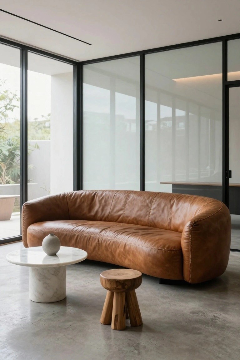 Modern interior with curved tan leather sofa, white marble pedestal table holding a white vase, wooden stool, concrete floor, and large glass walls with view to greenery.