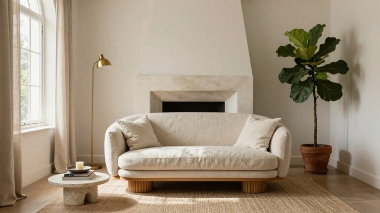 20 Unique Luxury Round Sofa Designs For A Sculptural Look Cream curved sofa on wooden base in a beige living room with arched window, sheer curtains, gold floor lamp, potted fiddle leaf fig, travertine coffee table, and seagrass rug on wood floor.