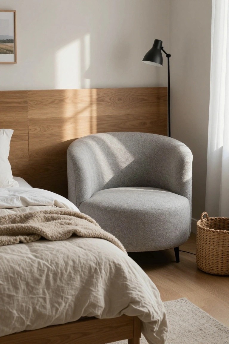 Bedroom with a gray round upholstered armchair next to a low wooden bed with white linens and a beige throw, black floor lamp, wicker basket on wood floor, and window with sheer curtain.