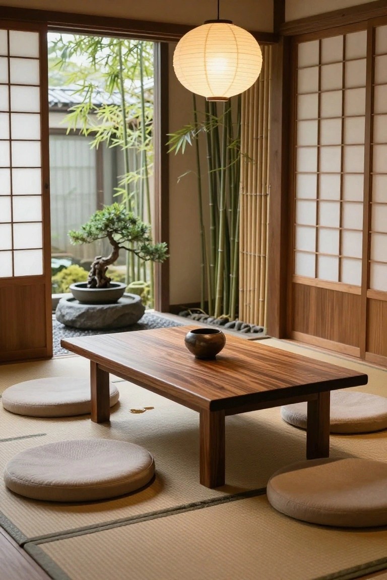 Japanese-style interior room with low wooden table on tatami mats surrounded by four round beige floor cushions, shoji screens open to garden with bonsai tree, bamboo, and rocks.