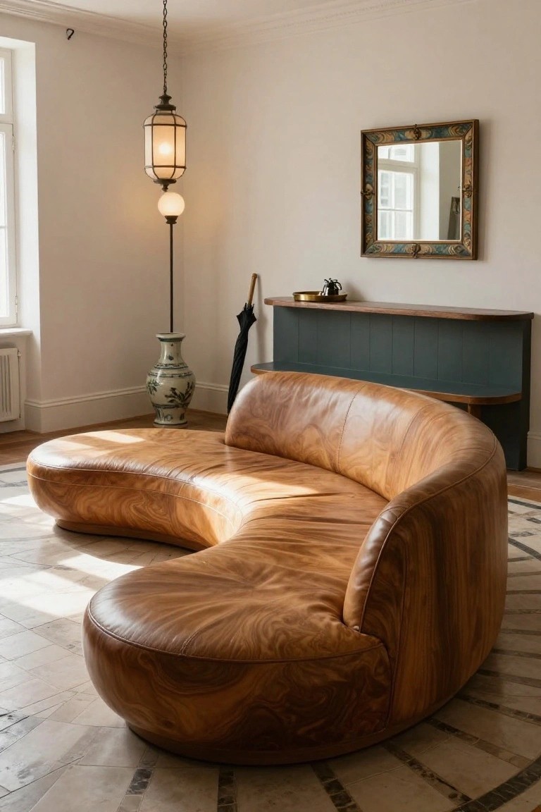 Curved brown leather sofa in a white-walled room with lantern floor lamp, blue-and-white vase, black umbrella, wooden shelf unit, and gilded mirror.