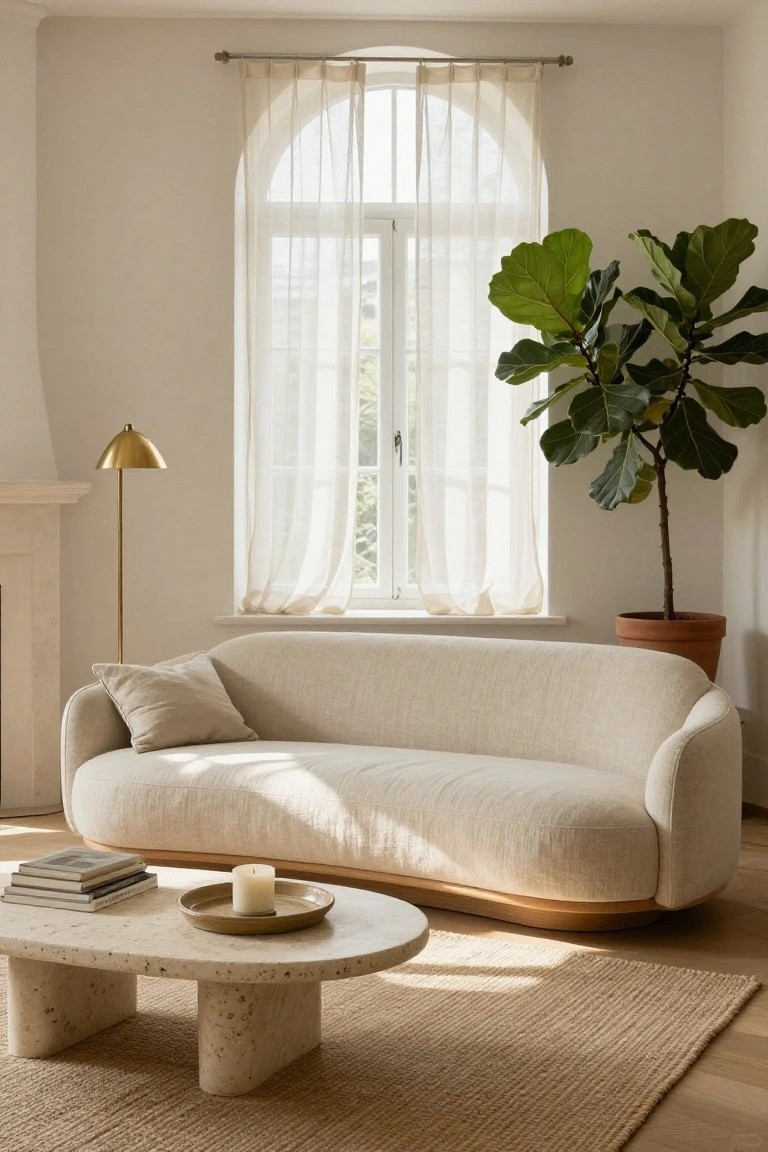 Cream curved sofa on wooden base in a beige living room with arched window, sheer curtains, gold floor lamp, potted fiddle leaf fig, travertine coffee table, and seagrass rug on wood floor.