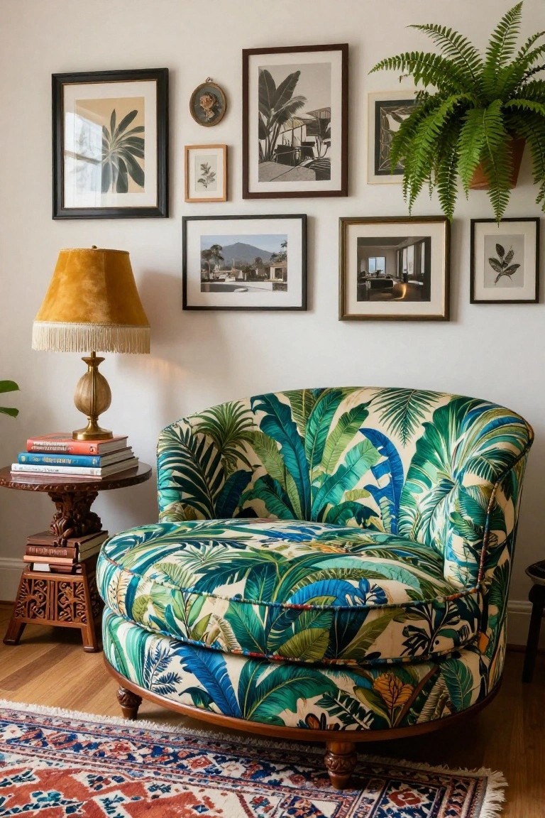 Round green banana leaf printed armchair beside a brass lamp and carved wood side table with books, eclectic framed artwork on white wall, potted plant, and patterned rug on wood floor.