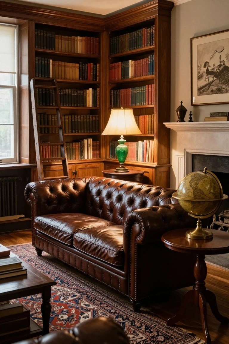 Wood-paneled library interior with floor-to-ceiling bookshelves, wooden ladder, brown tufted leather sofa, green ceramic lamp, globe on pedestal table, and marble fireplace.