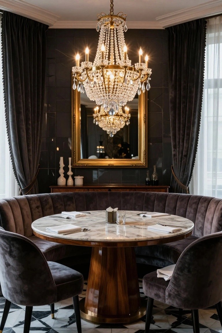 Luxurious indoor dining nook featuring curved gray velvet banquette seating around a round marble-topped wooden table, with gold chandelier overhead, large gilded mirror on dark tiled wall, and heavy drapes.