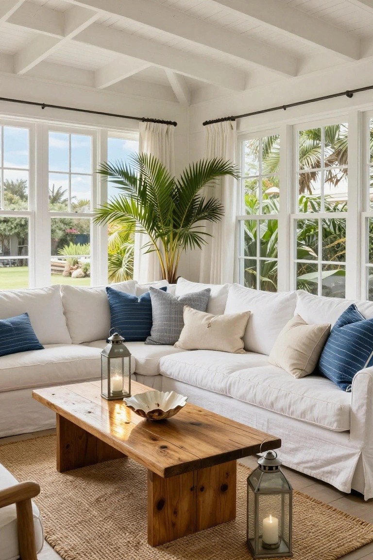White L-shaped sofa with blue striped pillows and neutral cushions in a bright room with exposed beam ceiling, wooden coffee table holding a shell, two metal lanterns, seagrass rug, potted palm, and large multi-pane windows showing tropical plants and garden.