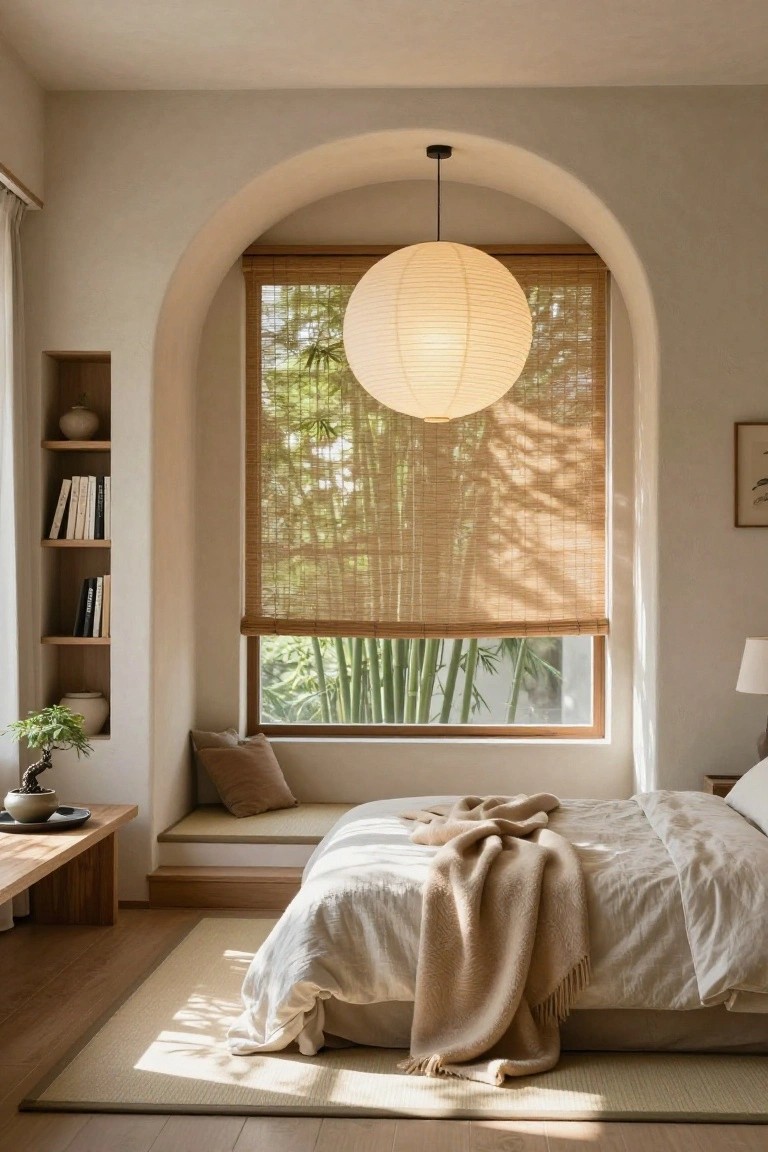 A minimalist bedroom with a low platform bed covered in white linens and a beige throw, arched window framed by beige curtains and covered with bamboo shades overlooking green bamboo plants, wall niches holding books plants and ceramics, wooden side bench with bonsai, paper lantern overhead, light wood floor and beige rug.