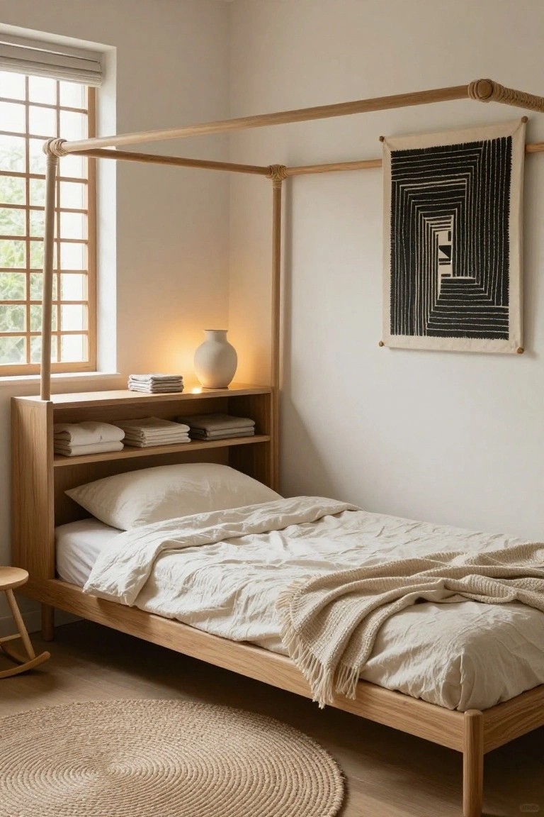 A minimalist bedroom with an oak canopy bed featuring integrated headboard shelving holding folded linens, towels, and books, a white vase lit from within, an abstract black-and-white textile on the wall, seagrass rug on wood floors, and a small wooden stool nearby.