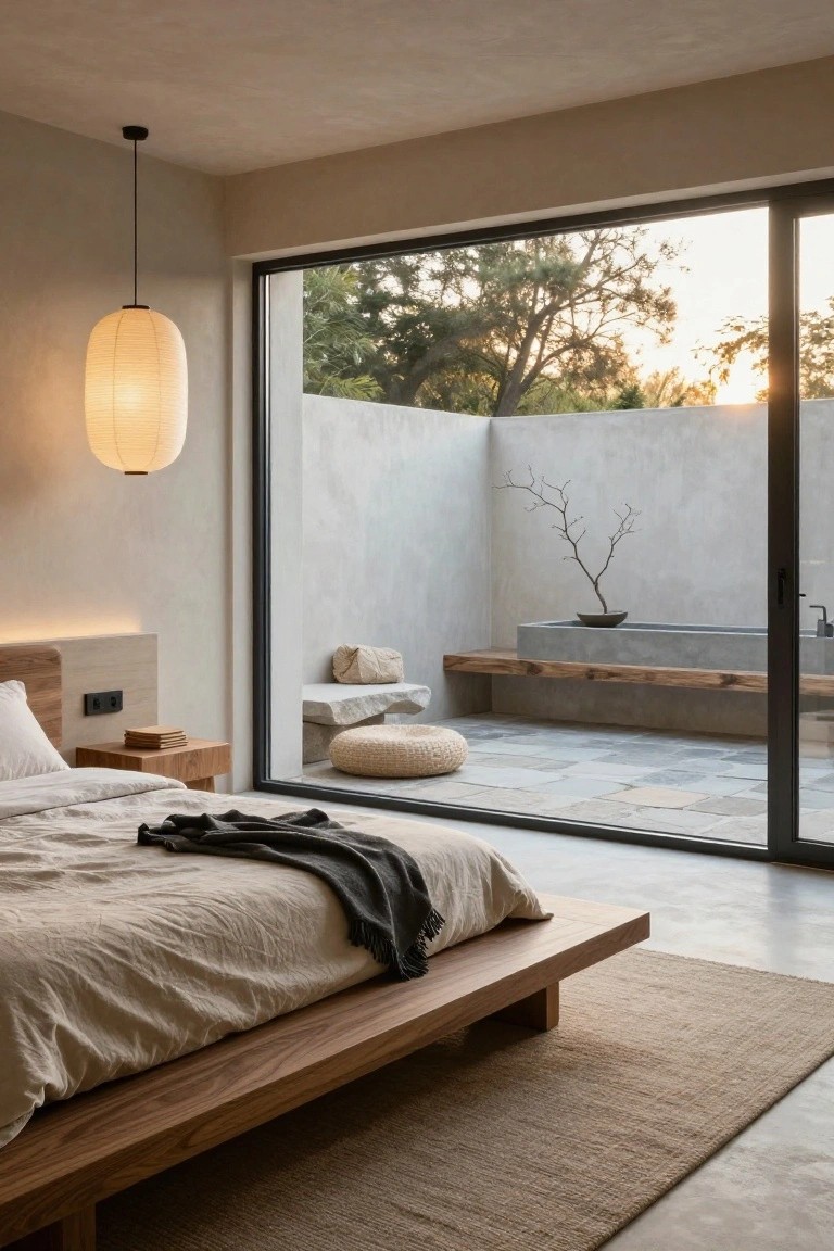 Minimalist bedroom with low wooden platform bed, beige linens, paper lantern pendant light, and floor-to-ceiling sliding glass doors opening to a private courtyard containing a bonsai tree, stone bench, and wooden shelf.