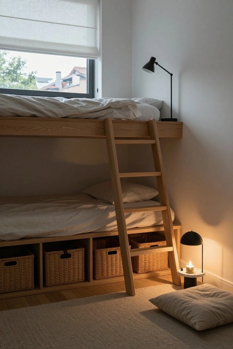 A minimalist bedroom corner with an oak bunk bed frame, ladder access, under-bed wicker storage baskets, black desk lamp on shelf, black pendant lamp with candle, and beige floor cushion on light wood floor.