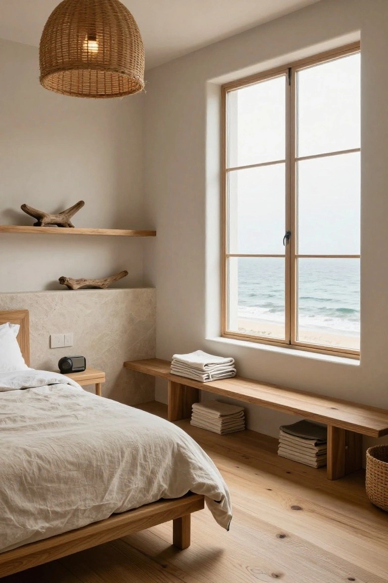 Minimalist bedroom with low wooden bed draped in white linens, wooden nightstand, built-in wooden bench with folded linens underneath a large divided-light window showing beach and ocean, driftwood on floating shelves, rattan hanging lamp, and light oak floors.