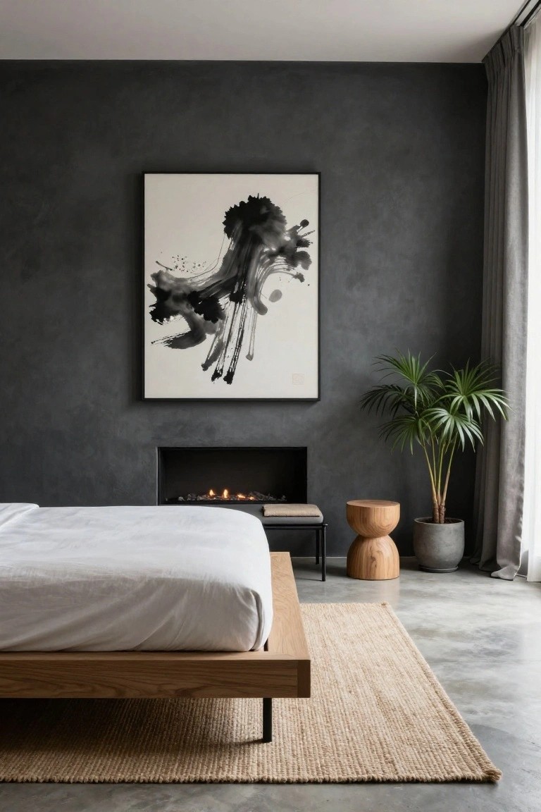 Minimalist bedroom with low oak platform bed on white sheets, textured dark gray walls, large abstract black ink artwork, built-in gas fireplace, wooden stool, potted palm plant in gray pot, seagrass rug, and concrete floor.