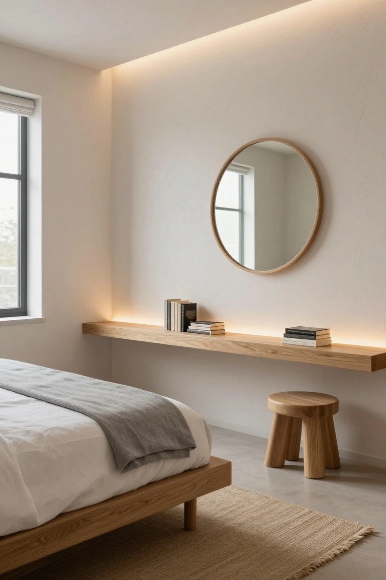Minimalist bedroom with low oak bed draped in gray throw, floating oak shelf with underlighting holding books, round wooden mirror on beige wall, oak stool, seagrass rug, and concrete floor.