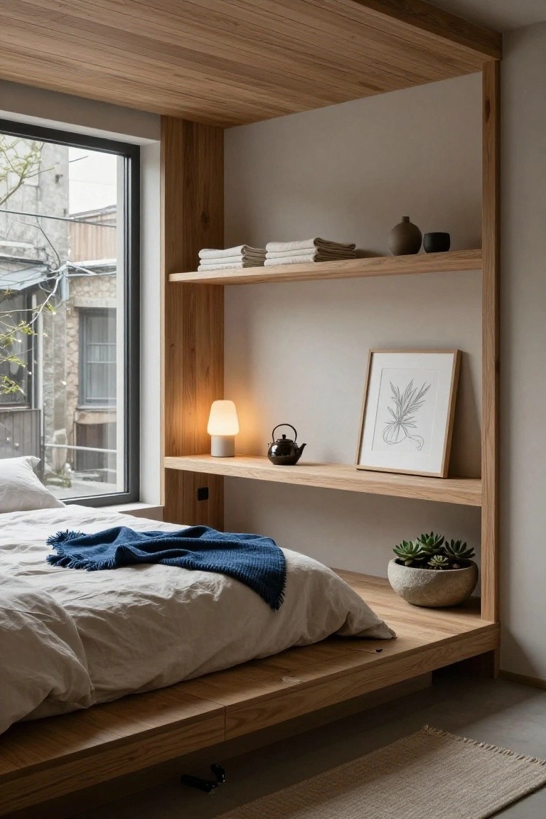 A minimalist bedroom with low wooden platform bed draped in white linens and blue throw, surrounded by built-in oak shelves holding folded towels, ceramic teapot, lamp, potted succulents, and art, next to a large window with urban view outside.