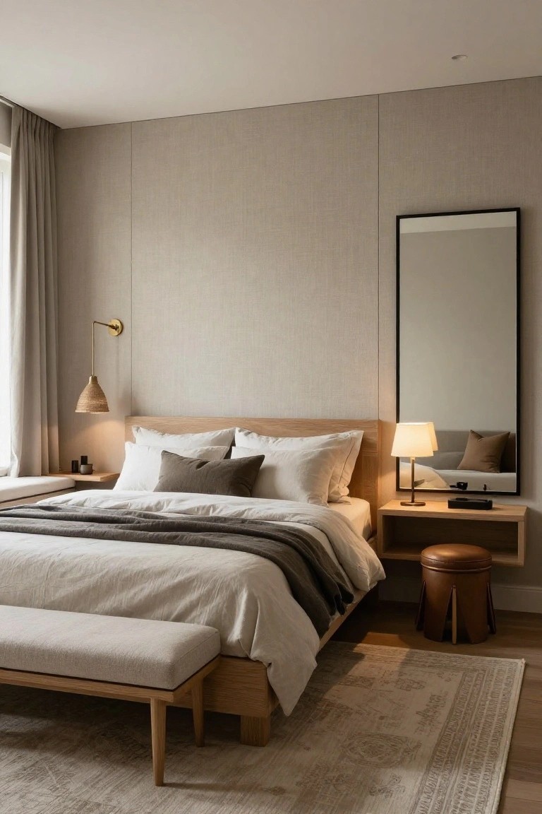 A minimalist bedroom with low oak platform bed covered in beige linens and gray throw, wooden foot bench, floating nightstand with lamp and leather stool, tall black-framed mirror on beige textured wall, rattan wall sconce, and beige curtains by window.