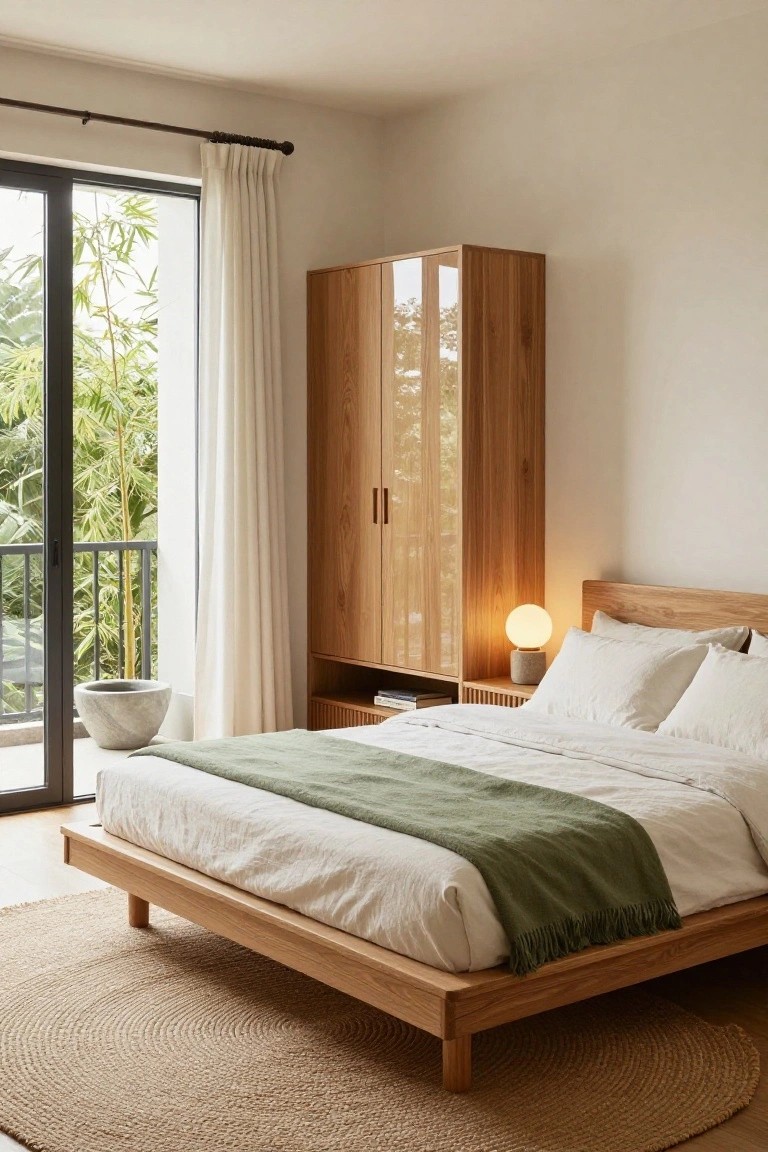 Minimalist bedroom with low oak platform bed covered in white linens and green throw, tall wooden wardrobe with glass panels, bedside lamp on shelf, and sliding glass doors to balcony with stone pot plant and bamboo outside.