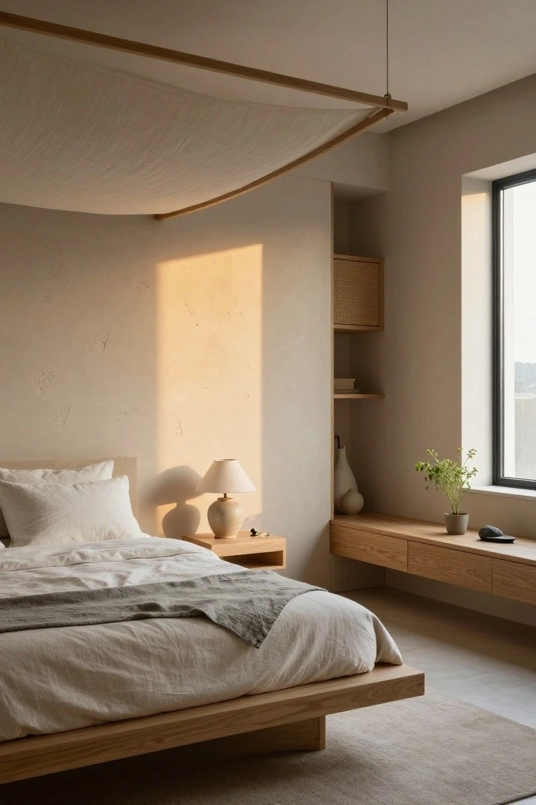 Minimalist bedroom with low wooden platform bed under suspended oak beam canopy draped in white linen, ceramic lamps on wood nightstand, floating oak shelf by window with plants, textured beige walls and golden sunlight.
