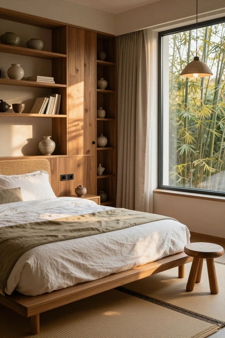 Bedroom with tall wooden built-in shelving wall displaying gray and white pottery and books, rattan headboard, low platform bed with white linens and green throw, small wood stool, and window view of bamboo plants.