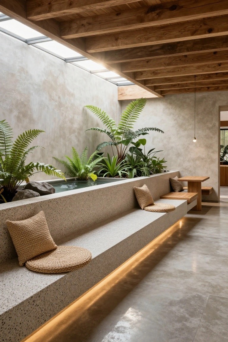 Indoor atrium with exposed wooden ceiling beams, skylight, textured beige walls, lush ferns and tropical plants around a shallow rectangular pool containing rocks and water, long continuous concrete bench with beige woven cushions and round stools, polished concrete floor, and low wooden table.