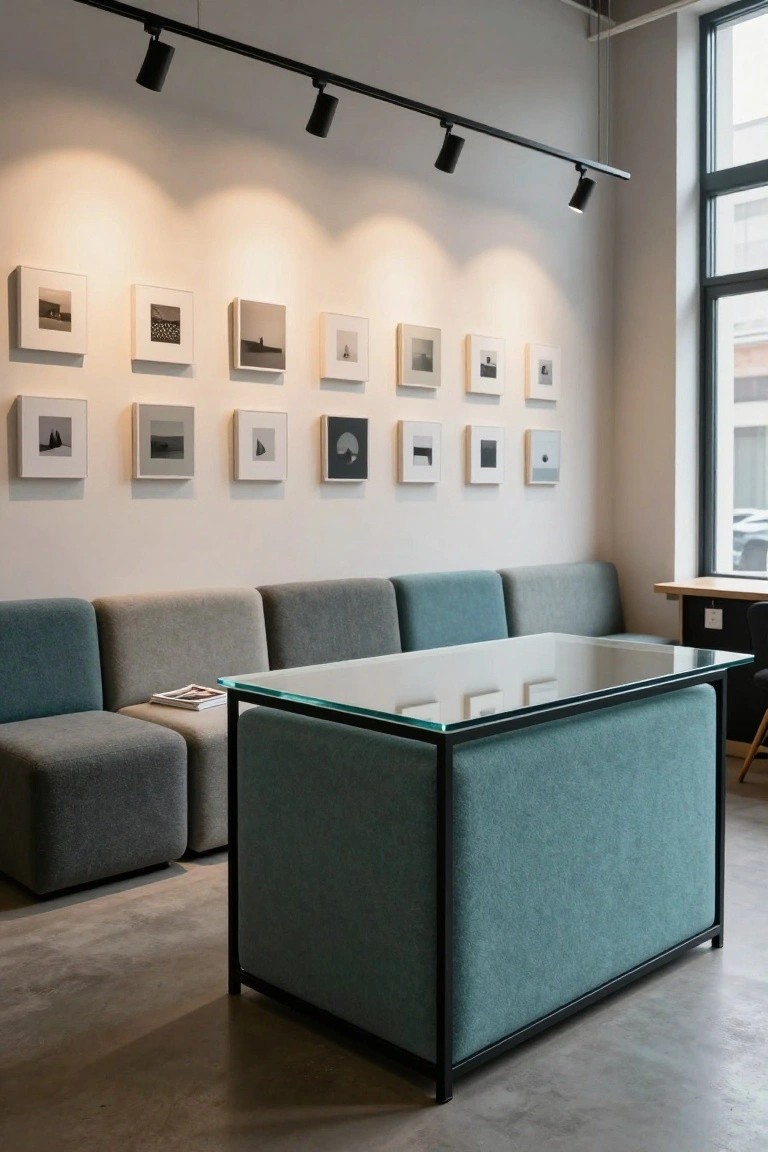 Office reception lounge with a wall of small white-framed black-and-white photographs illuminated by track spotlights, modular gray and teal upholstered benches, and a central rectangular glass table on black metal frame over matching teal base.