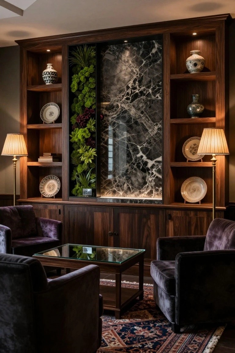 Dark wood built-in shelving with decorative vases and plates flanking a central vertical garden of green plants behind a black marble panel in a luxury office reception area with purple velvet armchairs, glass coffee table, brass floor lamps, and a Persian rug.
