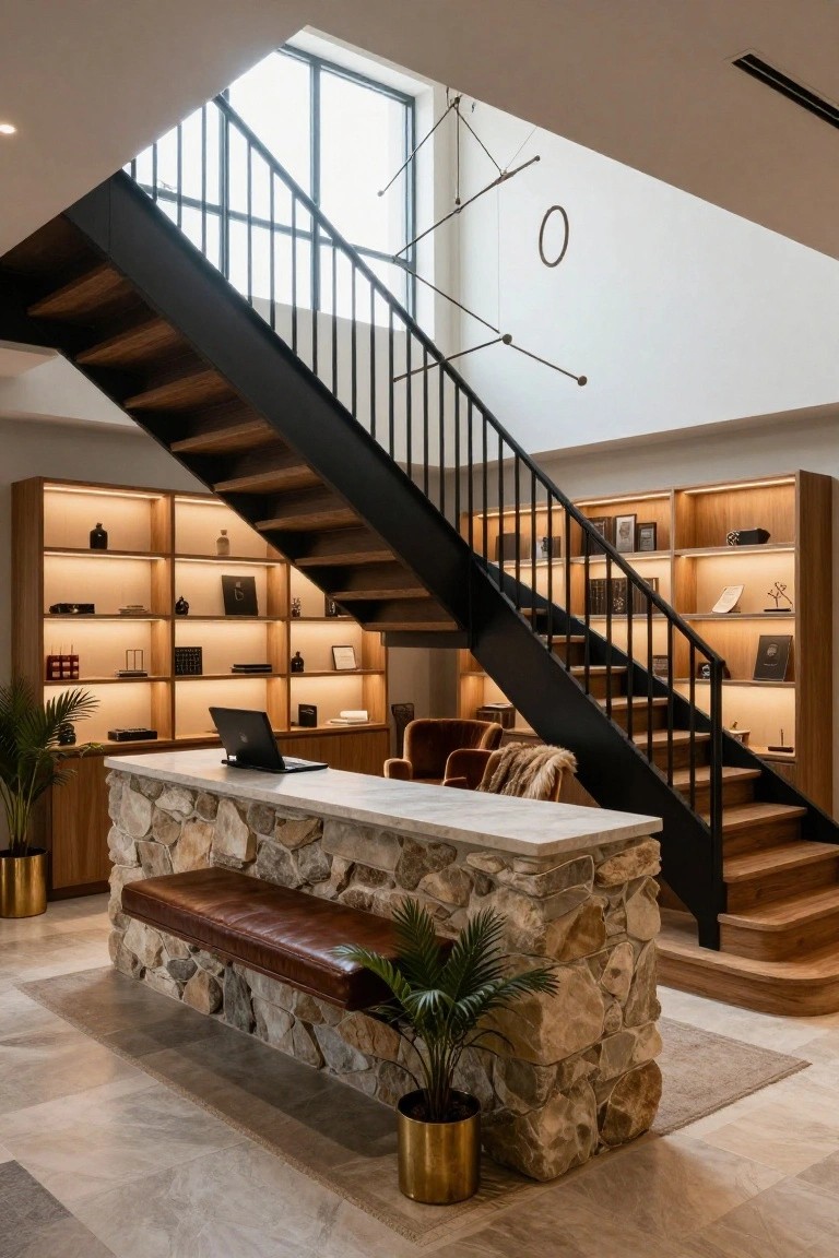 Office reception area with a rugged stone countertop desk, leather bench, potted plants, illuminated wooden shelving units, and a prominent black metal staircase with wooden treads ascending under a large skylight.