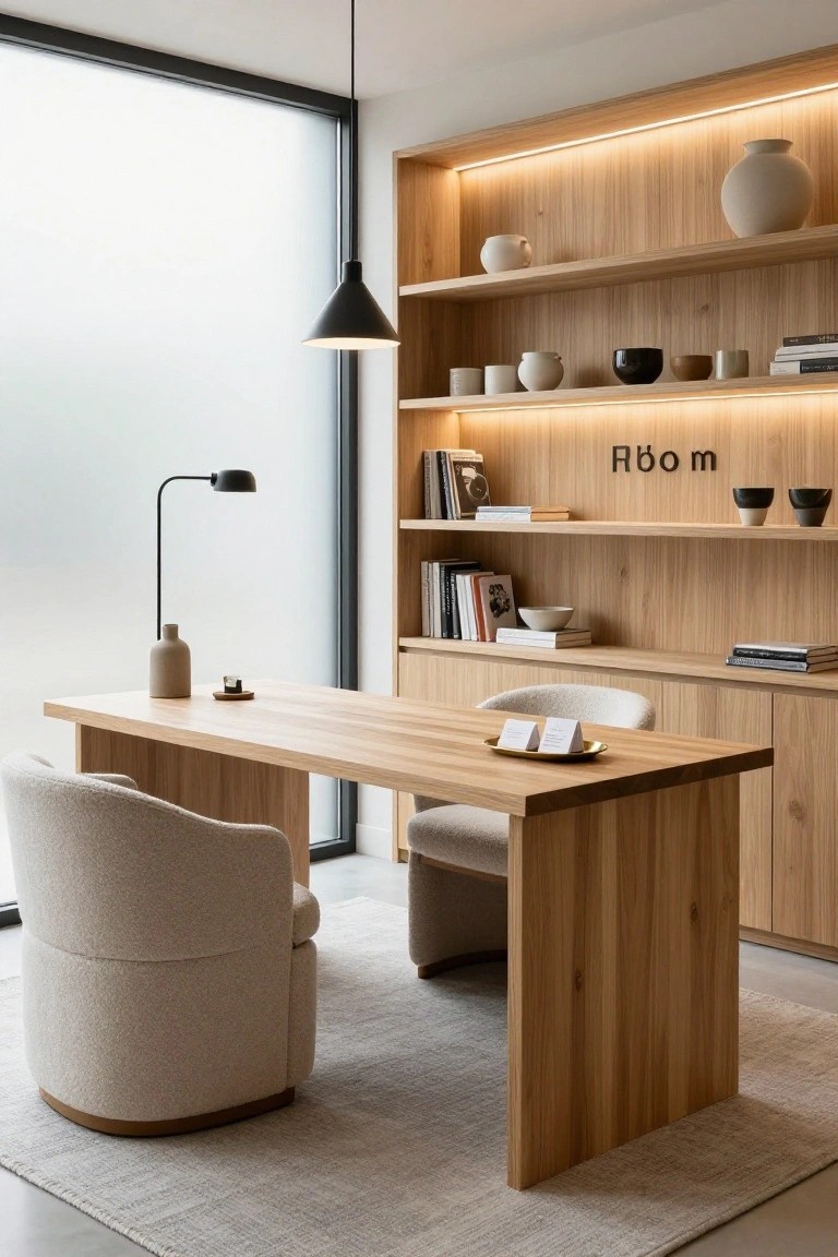 Modern office reception area with extensive oak wood shelving displaying ceramics, books, and vases, integrated wooden desk topped with business cards and a small plate, cream bouclé swivel chair, black desk lamp, pendant light, and large frosted glass window.