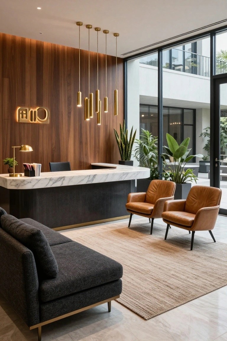 Modern office reception with vertical wood slat wall behind curved white marble desk on black base, gold logo sign, hanging gold pendant lights, desk lamp, black chair, two orange leather armchairs, gray sofa, plants, beige rug, and glass doors to outdoor terrace.