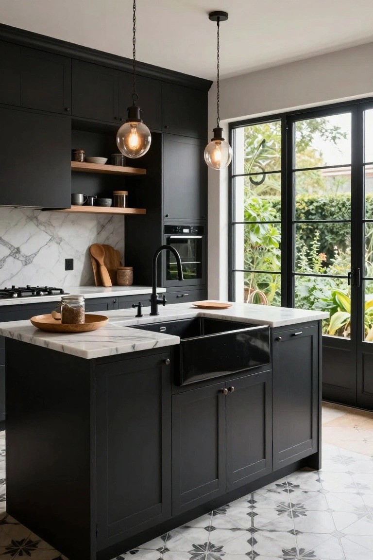 Modern kitchen with matte black cabinets, white veined marble countertops and backsplash, black farmhouse sink in island, brass pendant lights over island, and large black-framed glass doors to garden with plants visible.