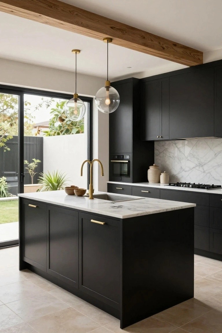 Modern kitchen with matte black cabinets, white veined marble countertops and backsplash, gold faucet and pendant lights over island, and sliding glass doors to garden.