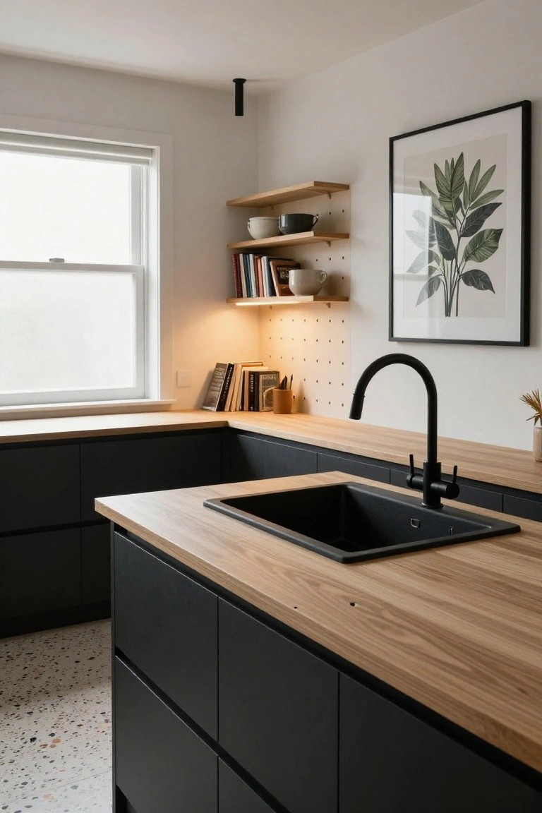 Corner view of a modern kitchen with matte black lower cabinets, light wood countertops, black undermount sink and pull-out faucet, wooden open shelves with dishes and books, and terrazzo tile floor.