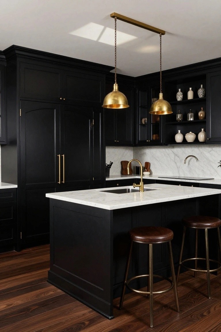 A luxury kitchen with black cabinetry, white veined marble countertops and island, two brass pendant lights above the island, gold faucets, black double doors, glass-front cabinets with ceramics, and two leather bar stools on hardwood floors.