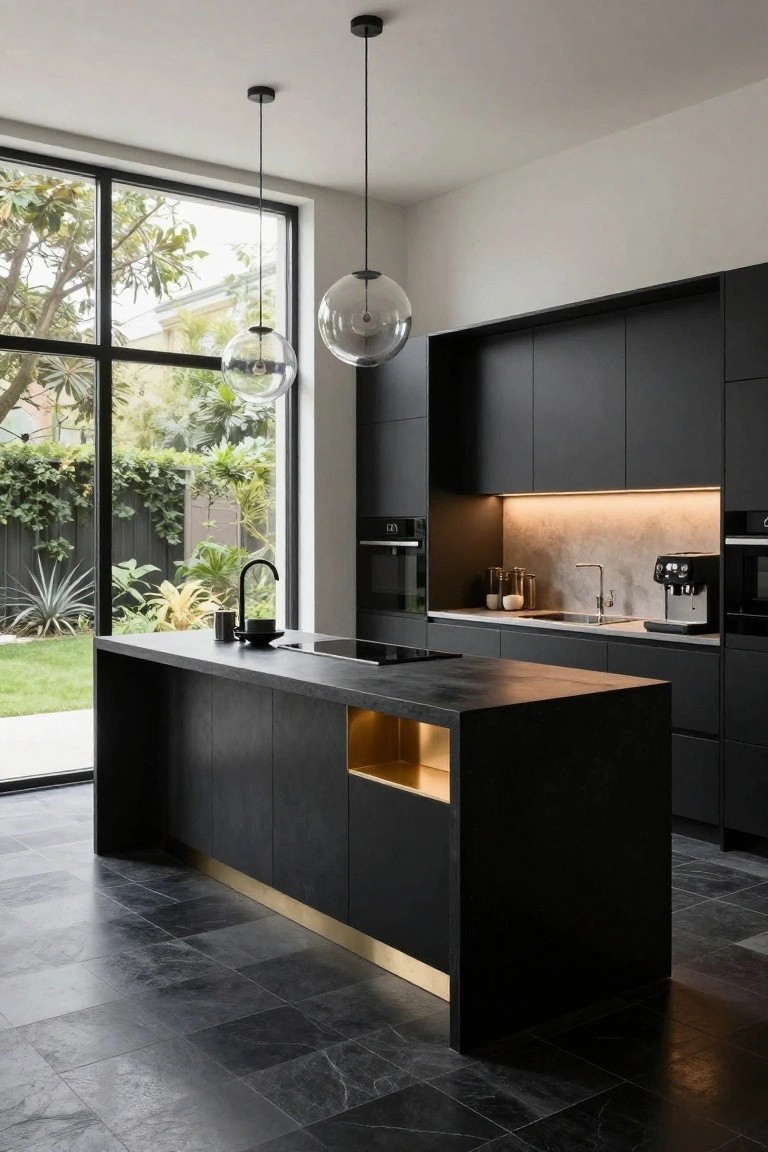 Modern kitchen with matte black cabinets, large central island featuring gold base trim, black stone countertop, pendant lights, and large windows showing garden outside.