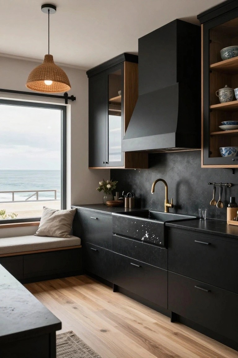Modern kitchen with black cabinets, black sink, gold faucet, built-in bench by large window overlooking ocean, and rattan pendant light.