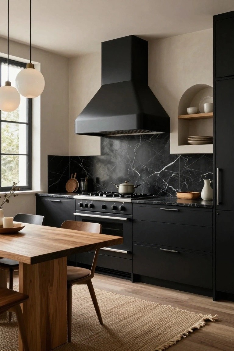 Sleek kitchen interior with black matte cabinets, black-veined marble backsplash behind a gas range and hood, wooden dining table with chairs, beige textured walls, and an arched niche shelf.