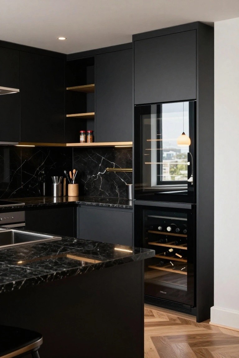 Modern kitchen interior with matte black cabinets, black marble countertops and backsplash, integrated wine fridge tower, gold-trimmed shelves, and herringbone wood floor.