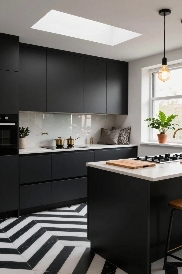 Modern kitchen with matte black cabinets, white quartz countertops and island, black-and-white herringbone tile floor, gold pots on induction cooktop, skylight overhead, and potted plants near window.