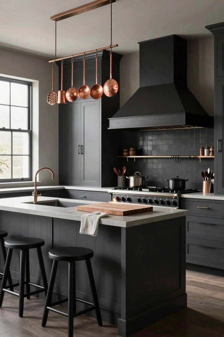 Black kitchen interior with dark cabinetry, copper pots suspended from a hanging rack above a black range and hood, white quartz island topped with a wood cutting board, and two black stools.